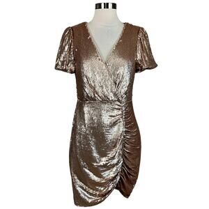Aidan Mattox Sequined Short Sleeve Mini Sheath Cocktail Dress Gold Size 6